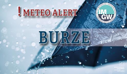 Na górze czerwony napis meteo alert poprzedzony wykrzyknikiem. Obok niego logo Instytutu Meteorologii i Gospodarki Wodnej - niebieski okrąg z białymi literami IMGW, poniżej niebieski napis burze. W tle fragment granatowego parasola oraz krople deszczu.