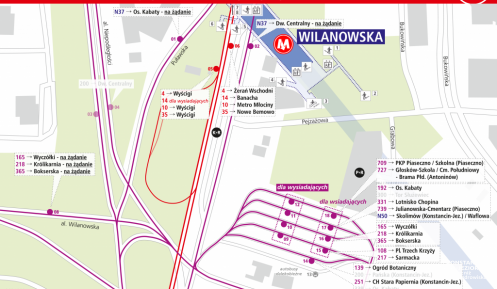 fragment mapy z liniami metra. Na górze biały napis na czerwonym tle: Metro Wilanowska rozmieszczenie przystanków miejskich od 4.05.2020 r. Na dole czerwony pasek a na nim biały napis z prawej www.wtp.waw.pl, z prawej strony 19115 