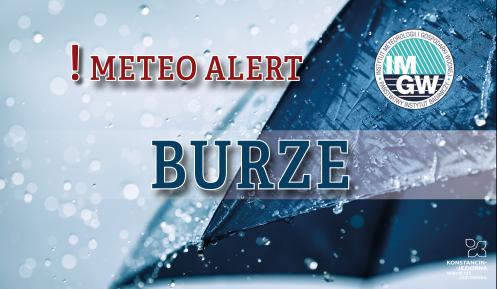 Na górze czerwony napis meteo alert poprzedzony wykrzyknikiem. Obok niego logo Instytutu Meteorologii i Gospodarki Wodnej - niebieski okrąg z białymi literami IMGW, poniżej niebieski napis burze. W tle fragment granatowego parasola oraz krople deszczu.