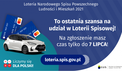 Na grafice jest napis: Loteria Narodowego Spisu Powszechnego Ludności i Mieszkań 2021.To ostatnia szansa na udział w Loterii Spisowej! Na zgłoszenie masz czas tylko do 7 lipca! Po lewej stronie widać samochód i dwie karty przedpłacone.