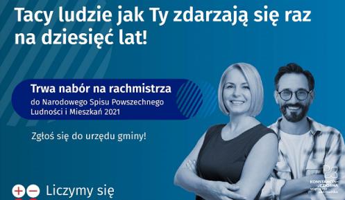 Grafika – niebieskie tło, w prawy rogu zdjęcia kobiety i mężczyzny, po lewej stronie białe napisy informujące o naborze na rachmistrza (ich pełna treść znajduje się w artykule).