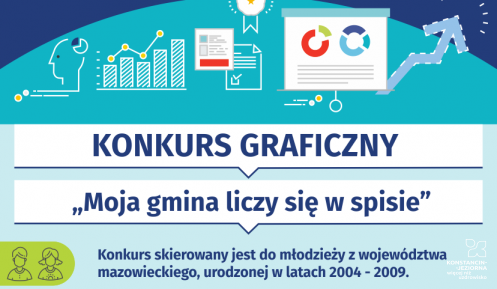 Zachowany w niebieskich barwach plakat promujący konkurs. Na górze biały napis Narodowy Spis Powszechny Ludności i Mieszkań 2021, poniżej kolorowe ikonki statystyczne, kolejno napis KONKURS GRAFICZNY, a pod nim „Moja gmina liczy się w spisie”. Pełna treść informacji zawartych na plakacie zawarta jest w artykule.