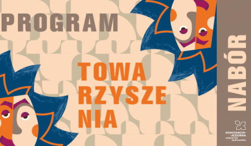 Prostokątna grafika – beżowe tło, na nim w lewym dolnym i prawym górnym rogu rysunkowe twarze postaci. Między nimi napis: Program Towarzyszenia. 