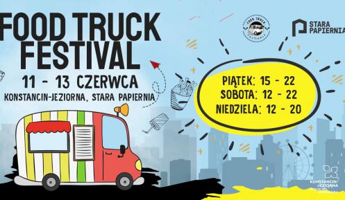 Grafika wektorowa utrzymana w niebiesko-żółtych kolorach. Z prawej strony – tekst: „Food truck festiwal, 11–13 czerwca, Konstancin-Jeziorna, Stara Papiernia” oraz kolorowy samochód. Z lewej – tekst wpisany w okrąg w kształcie słońca: „piątek 15–22, sobota 12–22, niedziela 12–20”.