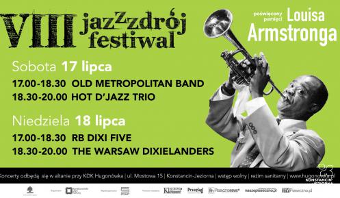  Plakat promujący Jazz Zdrój Festiwal. Zielone tło, w prawym rogu czarno-białe zdjęcie Louisa Armstronga, który gra na trąbce. Po lewej stronie grafiki szczegółowy program festiwalu, którego treść powielona jest w artykule. 