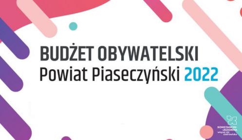Grafika wektorowa utrzymana w różowo-fioletowych barwach. Na środku tekst: Budżet Obywatelski Powiatu Piaseczyńskiego 2022.