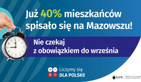 Grafika wektorowa. W jej centralnym miejscu napis: Już 40% mieszkańców spisało się na Mazowszu. Po lewej stronie – dłoń trzymająca budzik. Na wysokości budzika napis: Nie czekaj z obowiązkiem do września. Na dole grafiki są cztery małe koła ze znakami dodawania, odejmowania, mnożenia i dzielenia, obok nich napis: Liczymy się dla Polski.