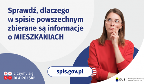 Na grafice jest napis: Sprawdź, dlaczego w spisie powszechnym zbierane są informacje o mieszkaniach. Po prawej stronie widać kobietę z zaciekawioną miną. Na dole grafiki są cztery małe koła ze znakami dodawania, odejmowania, mnożenia i dzielenia, obok nich napis: Liczymy się dla Polski! Pośrodku jest adres strony internetowej: spis.gov.pl. W prawym dolnym rogu jest logotyp spisu: dwa nachodzące na siebie pionowo koła, GUS, pionowa kreska, Narodowy Spis Powszechny Ludności i Mieszkań 2021.