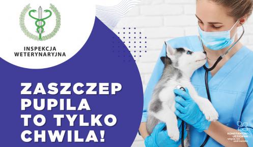 Plakat. Po lewej stronie duży napis Zaszczep pupila to tylko chwila. Po prawej stronie młoda kobieta ubrana w fartuch medyczny, trzyma psa na rękach, na szyi ma stetoskop. Poniżej napisy związane z treścią artykułu.