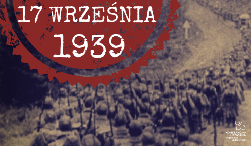 Grafika. Po lewej stronie na czerwonym tle jest biały napis 17 września 1939. Niżej stare zdjęcie, na którym są żołnierze. Idą oni gęsiego po drodze. Po prawej stronie jest biały napis Sowiecka Inwazja na Polskę.