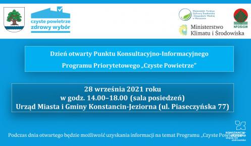 Grafika. Niebieskie tło na nim białe napisy informujące o dniu otwartym programu „ Czyste Powietrze”. Szczegółowe informacje powielone są w artykule. 