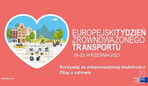 Grafika. Różowe tło, po lewej stronie serce w środku którego są narysowane domy, drzewa, autobus i czarne ptaki chodzące po ulicy. Obok serca jest duży napis Europejski Tydzień Zrównoważonego Transportu. 