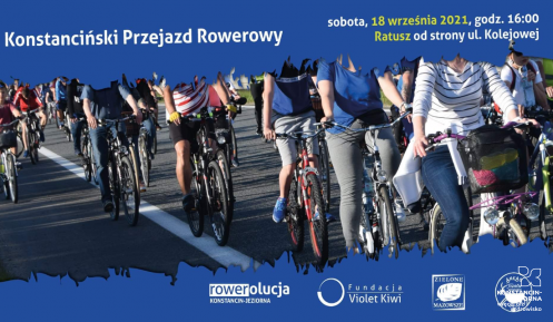 Grafika. Niebieskie tło, na środku zdjęcie rowerzystów jadących po ulicy. Nad nimi napis: Konstanciński Przejazd Rowerowy i szczegółowe dane, które powielone są w treści artykułu. 