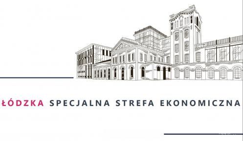 Grafika wektorowa. W górnym prawym rogu czarno-biała grafika budynku, pod którą jest napis: Łódzka (w kolorze czerwonym) Specjalna Strefa Ekonomiczna (w kolorze szarym).