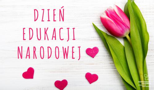 Na białym tle różowy tulipan i tekst: Dzień Edukacji Narodowej.