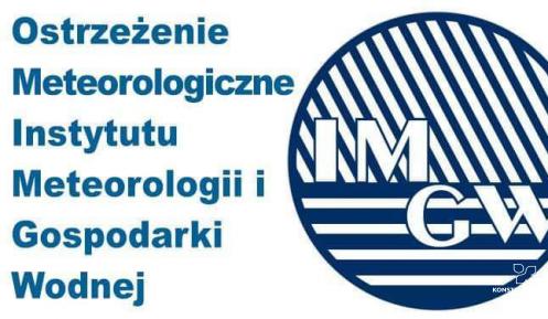 Grafika wektora: po lewej stronie tekst – ostrzeżenie meteorologiczne Instytutu Meteorologi i Gospodarki Wodnej.