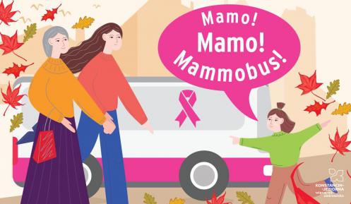 Grafika wektorowa dwie kobiety – starsza i młodsza – witają małą dziewczynkę, która mówi: „Mamo! Mamo! Mammobus!”.