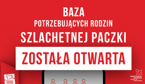 Grafika. Na czerwonym tle jest duży biały napis Baza potrzebujących rodzin szlachetnej paczki została otwarta. Jest grafika z konturami osób w różnym wieku. Na dole podany jest adres strony internetowej Szlachetnej Paczki.