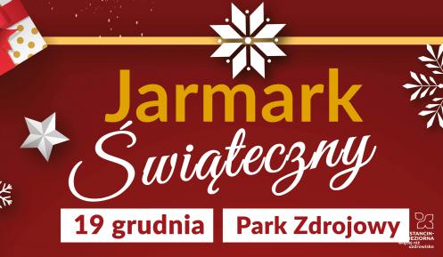 Grafika wektorowa. Na czerwonym tle napis: Jarmark Świąteczny, 19 grudnia, Park Zdrojowy.