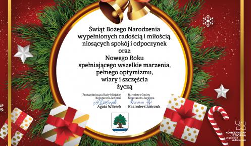 Grafika wektorowa w dzwonkami, prezentami i gałązkami jodły. W środku życzenia od władz gminy, ich treść podana jest w artykule.