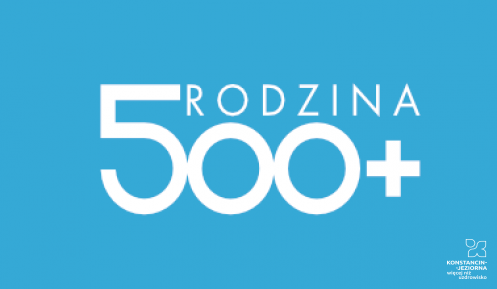 Grafika. Niebieski prostokąt, na nim biały napis 500+ rodzina. 