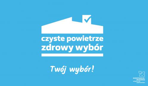 Grafika wektorowa. Na niebieskim tle grafika dachu z kominem i tekst: czyste powietrze – zdrowy wybór, twój wybór.