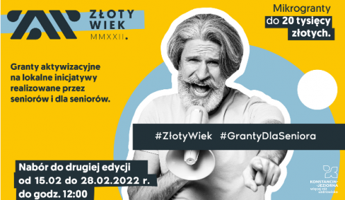 Grafika wektorowa. Na żółtym zdjęciu senior z megafonem w ręku. Do około niego różne napisy informujące o grancie dla seniorów, których treść została powielona w artykule. 