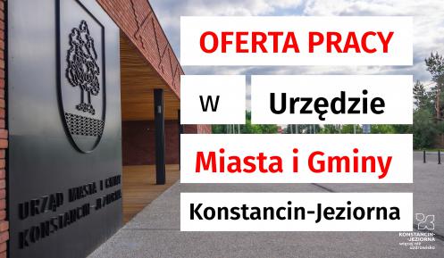 Grafika. Po lewej stronie widać ścianę budynku z czerwonej cegły. Obok niego na biały tle napis: oferta pracy w Urzędzie Miasta i Gminy Konstancin-Jeziorna.