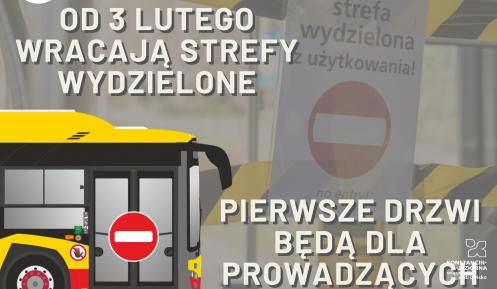 Grafika wektorowa. Po lewej stronie żółto-czerwony autobus. Obok niego napisy: „od 3 lutego wracają strefy wydzielone” oraz „Pierwsze drzwi będą dla prowadzących”. 