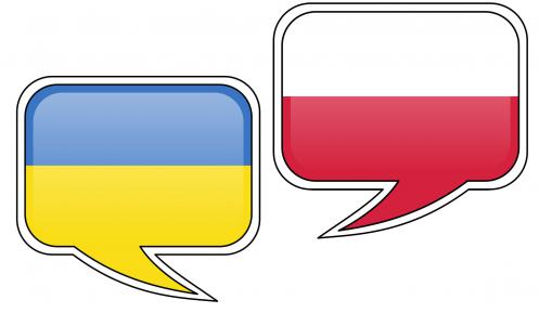 Dymki wypowiedzi: po prawej w barwach flagi Polski, z lewej w barwach flagi Ukrainy