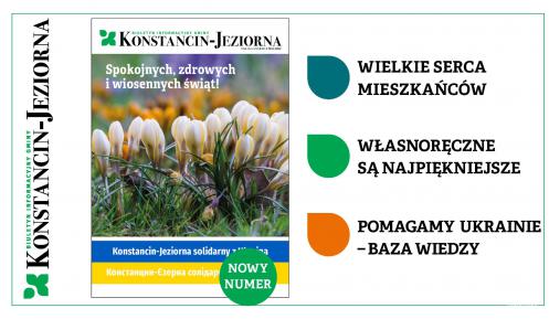 Grafika: w środku okładka nowego numeru Biuletynu Informacyjnego Gminy Konstancin-Jeziorna oraz kolorowe wypunktowania w kształcie kropli, obok tekst ułożony w pionie od góry: wielkie serca mieszkańców, własnoręczne są najpiękniejsze, pomagamy Ukrainie – baza wiedzy. 