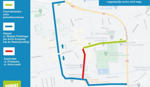 Mapa z zaznaczonymi objazdami ul. Chyliczkowskiej, oraz odcinkami obiazdu oraz wyłącznie z ruchu.