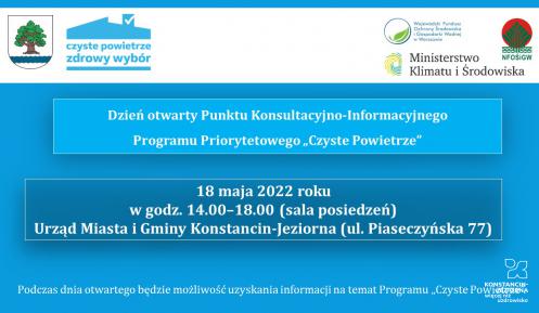 Grafika. Niebieskie tło na nim białe napisy informujące o dniu otwartym programu „ Czyste Powietrze”. Szczegółowe informacje powielone są w artykule. 