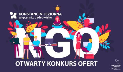 Grafika wektorowa. Ikony osób stojących wokół napisu NGO. Poniżej tekst: Otwarty konkurs ofert.