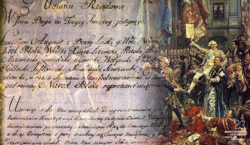 Tekst Konstytucji 3 maja na tle obrazu Jana Matejki pt. Konstytucja 3 Maja 1791 roku