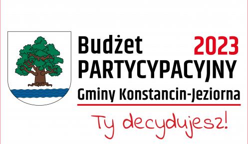 Logo gminy konstancin na białym tle, napis "Budżet partycypacyjny 2023, Ty decydujesz".