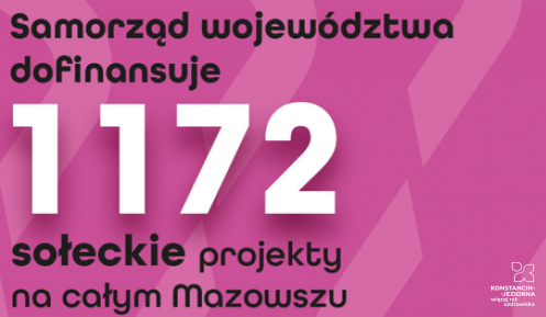 Grafika różowe tło na nim napis: Samorząd województwa dofinansuje 1172 sołeckie projekty na całym Mazowszu