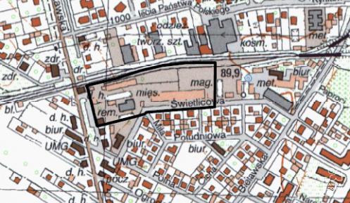 Fragment mapy Konstancina-Jeziorny – rejonu ul. Świetlicowej. Czarną linią, o nieregularnym kształcie, zaznaczono granice obszaru objętego projektem miejscowego planu zagospodarowania przestrzennego.