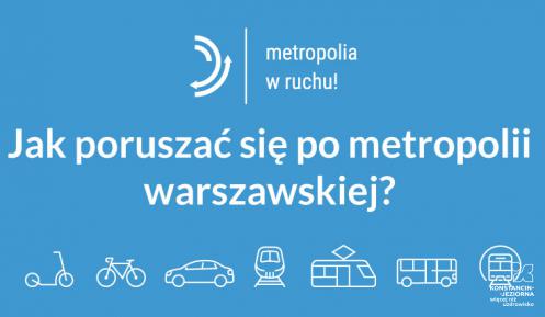 Plakat z napisem "Jak poruszać się po metropolii warszawskiej?". Poniżej grafiki osoba niewidoma, osoba na spacerze, osoba na rowerze. 