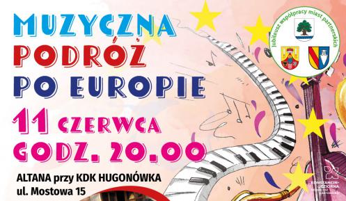 Grafika wektorowa. Plakat informujący o koncercie Muzyczna podróż po Europie. Treść plakatu znajduje się w artykule.