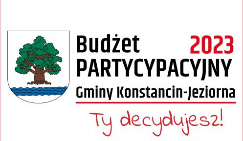 białe tło z logo Gminy Konstancin-Jeziorna i napis Budżet Partycypacyjny 2033, Ty decydujesz.