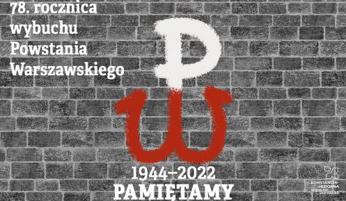 Grafika wektorowa – na szarym murze biało-czerwony znak Polski Walczącej. W górnym lewym rogu tekst: 78. Rocznica Powstania Warszawskiego, na środku tekst: 1944–2022 Pamiętamy.