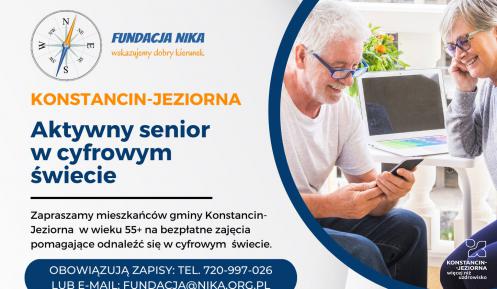 Grafika wektorowa. Plakat promując projekt: Aktywny senior w cyfrowym świecie. Treść z plakatu zawarta jest w artykule.  