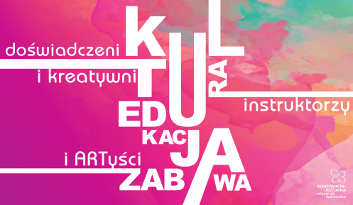 Grafika wektorowa. Na kolorowym tle napisy w różnym położeniu: doświadczeni i kreatywni, instruktorzy i artyści, kultura, edukacja i zabawa.  