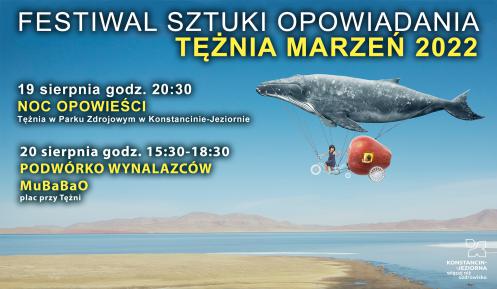 Grafika. Wielka ryba leci na niebie, pod jej brzuchem podczepiony jest rower, którym pedałuje mała dziewczynka. Na bagażniku roweru znajduje się duże czerwone jabłko. 