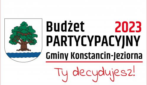 Grafika Budżetu partycypacyjnego Gminy Konstancin-Jeziorna 2023, zawiera herb gminy oraz nazwę projektu i dopisek Ty decydujesz!
