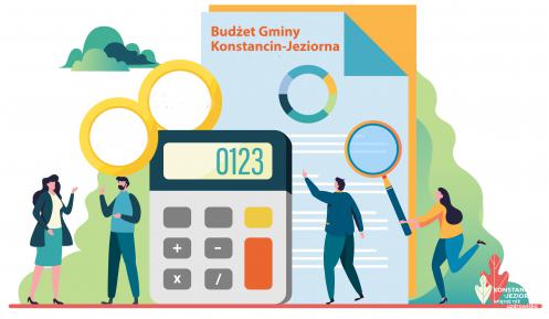 Grafika wektorowa: stojące w pionie kalkulator oraz dokumenty, wokół których stoją cztery osoby. Na dokumentach napis: Budżet Gminy Konstancin-Jeziorna.