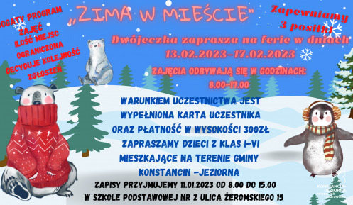 Grafika wektorowa informująca o akcji Zima w mieście. Treść z plakatu zawarta jest w artykule.