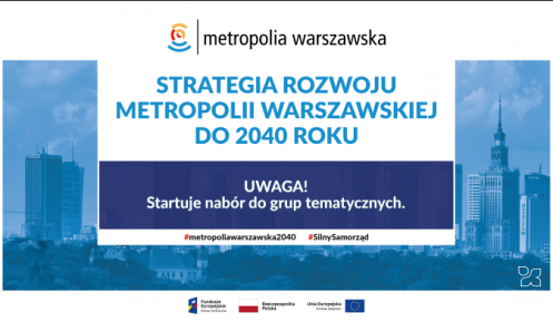 Grafika wektorowa. Napis informujący o naborze do grup tematycznych wśród ekspertów i członków NGO, na tle warszawskich wieżowców.r 