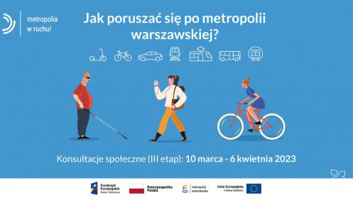 Plakat informujący o konsultacjach społecznych Planu Zrównoważonej Mobilności Miejskiej dla metropolii warszawskiej, treść z plakatu zamieszczona jest w artykule.